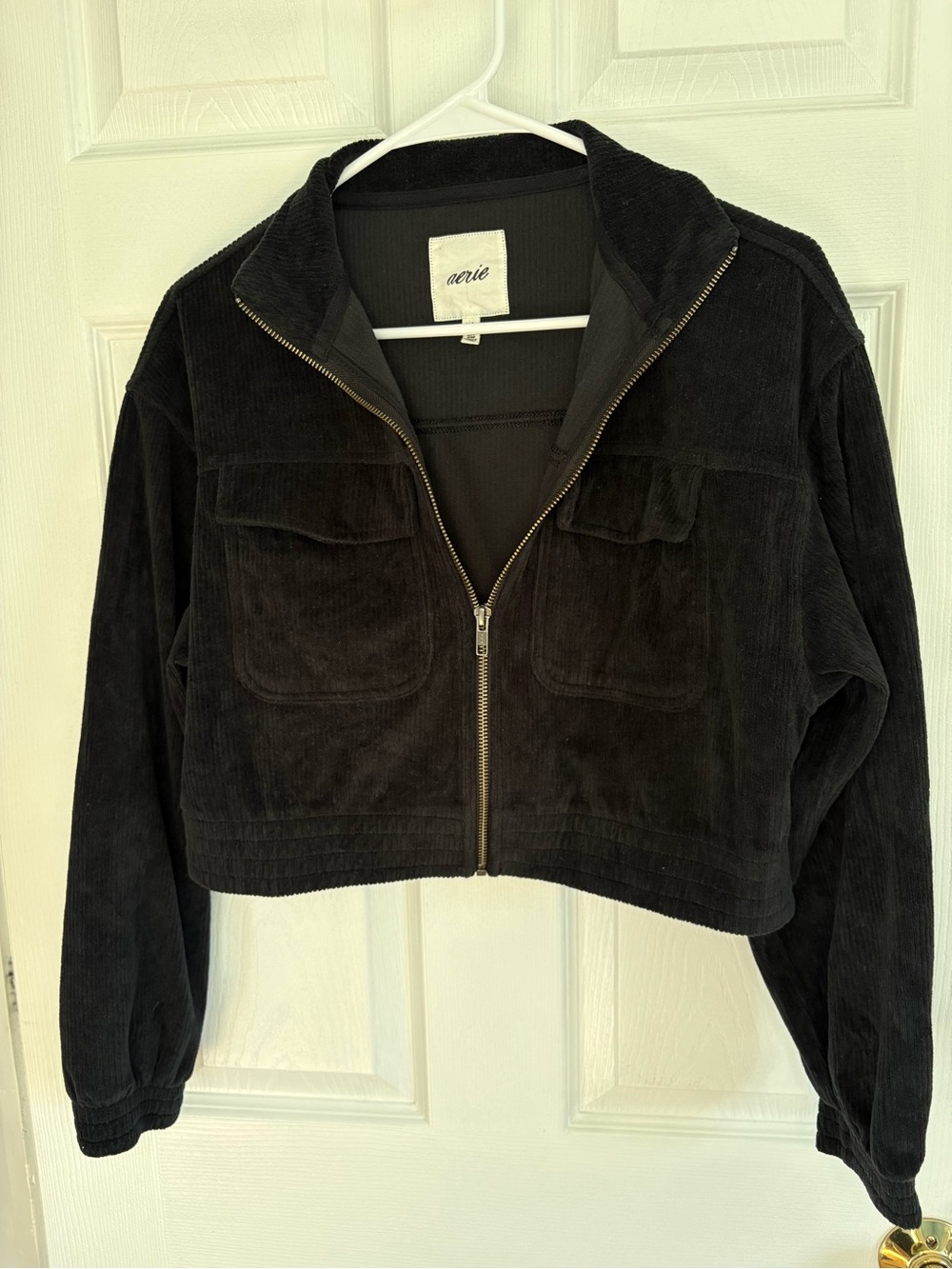 aerie Black Cropped Corduroy Zip-Up Jacket